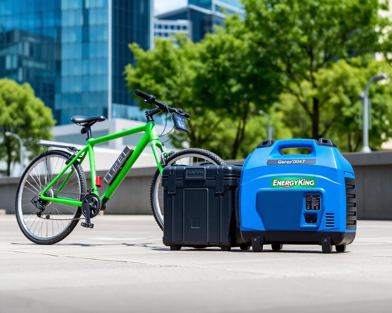 Портативный инверторный генератор EnergyKing EK1200 с велосипедом и аккумулятором в городской среде